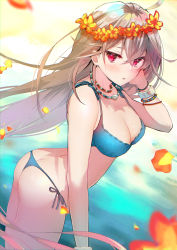 Rule 34 | 1girl, ass, bare arms, bare shoulders, bikini, blue bikini, blurry, blush, bracelet, breasts, brown hair, butt crack, cleavage, commentary request, cowboy shot, crossed bangs, flower, hair between eyes, head wreath, highres, jewelry, laevatein, laevateinn (phantom of the kill), large breasts, long hair, looking at viewer, necklace, parted lips, pearl necklace, phantom of the kill, red eyes, side-tie bikini bottom, solo, string bikini, swimsuit, tomozero, very long hair, water