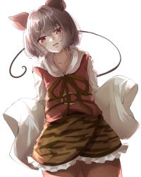 Rule 34 | 1girl, absurdres, animal ears, black ribbon, blush, brown ribbon, commentary request, cosplay, cowboy shot, dress, frilled skirt, frills, grey hair, gumi (fwjn7284), highres, looking at viewer, mouse ears, mouse girl, mouse tail, nazrin, o-ring, open mouth, orange skirt, red dress, red eyes, ribbon, short hair, simple background, skirt, sleeves past fingers, sleeves past wrists, solo, tail, toramaru shou, toramaru shou (cosplay), touhou, white background, wide sleeves