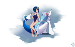 Rule 34 | 1girl, absurdres, barefoot, blue eyes, blue hair, breasts, bright pupils, closed mouth, commentary request, creatures (company), ddddvqs, expressionless, full body, game freak, gen 7 pokemon, goggles, goggles on head, highres, holding, holding poke ball, knees together feet apart, lana (pokemon), looking to the side, net ball, nintendo, one-piece swimsuit, poke ball, pokemon, pokemon (anime), pokemon (creature), pokemon sm (anime), primarina, short hair, sitting, small breasts, swimsuit, toes, white pupils