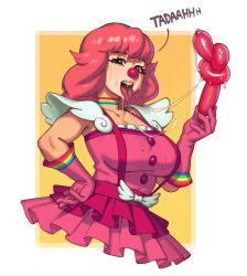 Rule 34 | 1girl, absurdres, ace attorney, balloon, blush, breasts, choker, cleavage, clown, clown nose, dress, frills, geiru toneido, gloves, highres, large breasts, looking at viewer, makeup, medium hair, multicolored clothes, open mouth, phoenix wright: ace attorney - spirit of justice, pink dress, pink gloves, pink hair, rainbow, riz, saliva, sexually suggestive, sleeveless, smile, solo, suspenders