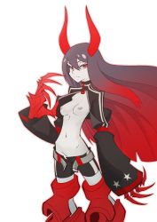 Rule 34 | 10s, 1girl, black gold saw, black rock shooter, breasts, claws, grey hair, highres, horns, looking at viewer, multicolored hair, navel, nipples, red eyes, red hair, shorts, solo, stomach, the pink pirate, two-tone hair, unbuttoned