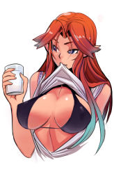 Rule 34 | 1girl, aged up, bare shoulders, bikini, bikini top only, blue eyes, blush, bra, breasts, brown hair, cleavage, clothes lift, cup, glass, gradient hair, green hair, large breasts, lips, long hair, malon, milk, mouth hold, multicolored hair, navel, nintendo, pointy ears, shirt lift, sho-n-d, sideboob, simple background, solo, swimsuit, the legend of zelda, the legend of zelda: ocarina of time, underwear, upper body, white background