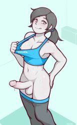 Rule 34 | 1girl, :p, blue sports bra, blush, breasts, clothes pull, collarbone, colored skin, dross, erection, full-package futanari, futanari, green background, highres, indoors, looking at viewer, medium breasts, navel, nintendo, nipples, no bra, no panties, pants, pants pull, penis, ponytail, shirt pull, smile, solo, sports bra, sports bra pull, standing, sweat, tank top, testicles, tongue, tongue out, uncensored, white skin, wii fit, wii fit trainer, wii fit trainer (female), yoga pants