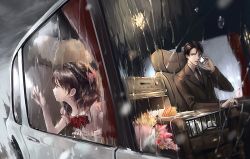 Rule 34 | 1boy, 1girl, bow, brown hair, car, cellphone, child, formal, hair bow, looking at another, looking away, motor vehicle, nemumi no sora, original, phone, rain, smartphone, suit, talking on phone