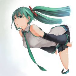 Rule 34 | 1girl, amado (shin), bad id, bad pixiv id, bare shoulders, detached sleeves, gradient background, green eyes, green hair, hatsune miku, leaning forward, looking at viewer, matching hair/eyes, necktie, pleated skirt, simple background, skirt, solo, twintails, vocaloid, white background, wide sleeves