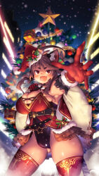 Rule 34 | 1girl, animal ears, antenna hair, blush, breasts, brown eyes, brown hair, cat ears, cat tail, christmas, christmas tree, fang, gloves, gluteal fold, hat, highres, large breasts, leotard, long hair, looking at viewer, merry christmas, open mouth, original, red gloves, santa costume, santa hat, skirt, smile, solo, tail, thick thighs, thighs, yagatake arashi, yana (nekoarashi)