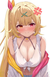 Rule 34 | 1girl, :i, anger vein, blonde hair, blush, breasts, cleavage, clothes down, crop top, hair ornament, heterochromia, highres, hoshikawa sara, hoshikawa sara (1st costume), jacket, looking at viewer, medium breasts, navel, nijisanji, nose blush, open clothes, open jacket, red eyes, shirt, side ponytail, simple background, solo, suicabar72, tank top, tearing up, tied shirt, twitter username, upper body, virtual youtuber, watermark, white background, white jacket, white tank top, x hair ornament, yellow eyes