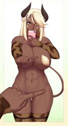 Rule 34 | 1girl, abs, animal print, blonde hair, blush, breasts, cellphone, cleavage, collar, commentary, commission, covering privates, covering breasts, covering crotch, cow girl, cow horns, cow print, cow tail, cowboy shot, dark-skinned female, dark skin, detached sleeves, erilsa leadleaf, facial mark, female pov, final fantasy, final fantasy xiv, green eyes, groin, hair ornament, hairclip, horns, huge breasts, long hair, meme, mirror, navel, nude, one finger selfie challenge (meme), original, phone, pov, razalor, reflection, selfie, smartphone, solo, sweatdrop, swept bangs, tail, thigh gap, thighhighs, warrior of light (ff14), whisker markings, white background, wide hips
