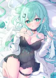 Rule 34 | 1girl, ahoge, angel, angel wings, aqua eyes, aqua hair, aran sweater, bare shoulders, barefoot, black dress, blush, braid, breasts, cable knit, cardigan, choker, cleavage, clover, clover hair ornament, collarbone, covered navel, cross, dress, feathered wings, flower, four-leaf clover, hair between eyes, hair bun, hair flower, hair ornament, hairclip, halo, highres, latin cross, long hair, looking at viewer, lying, medium breasts, mikaze oto, nightgown, on back, open mouth, original, ribbon, rose, see-through, short dress, solo, strap slip, sweater, thigh strap, wings