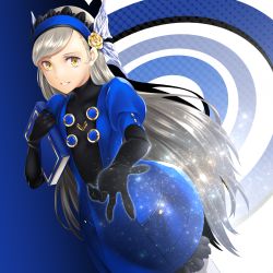 Rule 34 | 1girl, arkatopia, black gloves, black shorts, blue dress, blue hairband, cowboy shot, dress, dutch angle, elbow gloves, floating hair, frilled shorts, frills, gloves, grin, hairband, holding, lavenza (persona 5), long hair, looking at viewer, persona, persona 5, reaching, short dress, shorts, shorts under dress, silver hair, smile, solo, standing, swept bangs, very long hair, yellow eyes