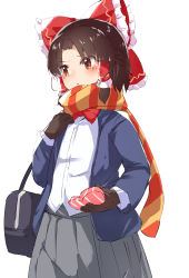 Rule 34 | 1girl, alternate costume, bag, benikurage (cookie), black bag, blue jacket, blush, bow, bowtie, box, brown eyes, brown gloves, brown hair, closed mouth, commentary request, cookie (touhou), cowboy shot, frilled bow, frills, gloves, grey skirt, hair bow, hakurei reimu, heart, heart-shaped box, highres, holding, holding heart, jacket, looking to the side, open clothes, open jacket, orange scarf, parted bangs, red bow, red bowtie, scarf, school bag, shirt, short hair, simple background, skirt, solo, touhou, white background, white shirt, winter uniform, yellow scarf, yumekamaborosh