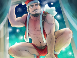 Rule 34 | 1boy, bara, beard, commentary request, facial hair, gachimuchi, hat, large pectorals, long sideburns, male focus, mature male, muscular, muscular male, original, pectorals, santa costume, santa hat, short hair, sideburns, solo, suv (suv032), thick eyebrows