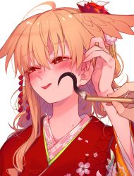 Rule 34 | 1girl, blonde hair, blush, commentary request, drawing on another&#039;s face, fate/grand order, fate (series), flower, hair between eyes, hair flower, hair ornament, head wings, highres, japanese clothes, kimono, lipstick, long hair, makeup, mitsurugi sugar, pov, pov hands, red eyes, red kimono, red lips, solo focus, thrud (fate), upper body, valkyrie (fate), wings