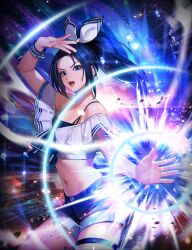 Rule 34 | 1girl, blue eyes, blue hair, breasts, denim, denim shorts, highres, legs, long hair, midriff, navel, official art, open mouth, ponytail, ryuuko no ken, shingeki no kyojin, shorts, small breasts, snk, the king of fighters, thighs, todoh kasumi