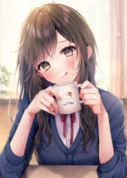 Rule 34 | 1girl, blue cardigan, blurry, blurry background, blush, brown eyes, brown hair, cardigan, closed mouth, cup, curtains, dress shirt, hands up, head tilt, highres, holding, holding cup, indoors, licking lips, long hair, long sleeves, looking at viewer, milk mustache, neck ribbon, original, plant, red ribbon, ribbon, school uniform, shirt, sitting, smile, solo, table, tongue, tongue out, white shirt, yugirlpict
