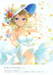Rule 34 | 1girl, absurdres, bare shoulders, blonde hair, blue eyes, breasts, cleavage, closed mouth, dress, eyebrows, flower, fuumi (radial engine), hair flower, hair ornament, hand on headwear, hat, hat flower, highres, light smile, long hair, looking at viewer, medium breasts, navel, original, out-of-frame censoring, scan, solo, straw hat, sundress, white dress, wrist cuffs