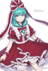 Rule 34 | 1girl, arm ribbon, bow, commentary request, cross-laced clothes, dated, dress, frilled dress, frilled ribbon, frilled sleeves, frills, front ponytail, green eyes, green hair, hair bow, hair ribbon, highres, kageharu, kagiyama hina, long dress, medium hair, puffy short sleeves, puffy sleeves, red dress, red ribbon, ribbon, short sleeves, simple background, sitting, touhou, white background, wristband