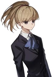 Rule 34 | 1boy, absurdres, androgynous, arms at sides, ascot, bamu (bamu0504), black jacket, blue ascot, closed mouth, collared shirt, commentary, dutch angle, frown, grey eyes, highres, hunter x hunter, jacket, kurapika, long sleeves, looking at viewer, male focus, ponytail, shirt, simple background, solo, upper body, white background, white shirt