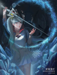 Rule 34 | 1girl, armor, blue eyes, blue theme, character name, copyright name, dress, earrings, icicle, jacket, jewelry, long hair, nail polish, necklace, ousang, rwby, side ponytail, snowflakes, solo, sword, very long hair, weapon, weiss schnee, white hair