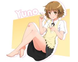 Rule 34 | 1girl, :q, apron, asumi kana, bare legs, barefoot, brown eyes, brown hair, character name, feet, food, hair ornament, hairclip, hidamari sketch, holding, ice cream, outline, short hair, simple background, smile, spoon, toe-point, tongue, tongue out, voice actor connection, white background, wittyz, working!!, yellow background, yuno (hidamari sketch)