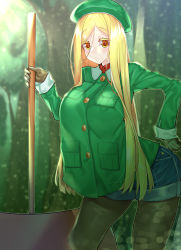Rule 34 | 1girl, aged up, alternate breast size, alternate hair length, alternate hairstyle, arched back, axe, blonde hair, blue shorts, blush, breasts, buttons, closed mouth, coat, denim, denim shorts, fate/grand order, fate (series), gloves, green coat, green headwear, green jacket, highres, jacket, large breasts, long hair, long sleeves, looking at viewer, pantyhose, paul bunyan (fate), shorts, smile, solo, thighs, watosu, yellow eyes