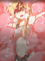 Rule 34 | 1girl, blonde hair, dissolving clothes, highres, midriff, mizuki (lv43), navel, open mouth, original, torn clothes, twitter username, vore, wet