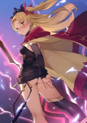 Rule 34 | arm behind back, ass, black panties, black thighhighs, blonde hair, blush, brown eyes, cape, covering ass, covering privates, crown, detached sleeves, electricity, ereshkigal (fate), fate/grand order, fate (series), frown, hair ribbon, legs apart, panties, pantyshot, parted bangs, ribbon, single thighhigh, standing, tetsuo (amenohutikoma), thighhighs, tohsaka rin, twintails, two side up, underwear