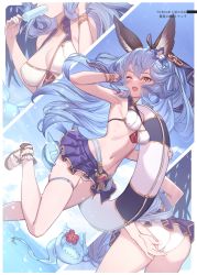 Rule 34 | 1girl, absurdres, adjusting clothes, adjusting swimsuit, animal ears, armpits, ass, beppo (granblue fantasy), bikini, bikini skirt, blue hair, blush, bracelet, breasts, brown eyes, day, erune, ferry (granblue fantasy), ferry (summer) (granblue fantasy), flower, food, fugee (granblue fantasy), granblue fantasy, hair flower, hair ornament, highres, holding, holding food, innertube, jewelry, leg up, long hair, looking at viewer, medium breasts, navel, one eye closed, open mouth, outdoors, popsicle, sandals, simple background, skirt, smile, solo, stomach, swim ring, swimsuit, thigh strap, thighs, toeless footwear, yellowpaint.