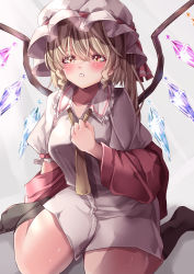 Rule 34 | 1girl, absurdres, black socks, blonde hair, blush, breasts, buttons, collarbone, collared shirt, crystal, dress shirt, eyebrows hidden by hair, flandre scarlet, frilled shirt collar, frilled sleeves, frills, full body, grey background, hair between eyes, hat, hat ribbon, highres, looking at viewer, mahoro (minase mahoro), medium breasts, mob cap, necktie, no pants, no shoes, orange eyes, puffy short sleeves, puffy sleeves, red ribbon, ribbon, shiny skin, shirt, short sleeves, simple background, socks, solo, touhou, undressing, white hat, white shirt, wings, yellow necktie