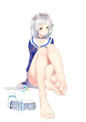 Rule 34 | 1girl, absurdres, bad id, bad pixiv id, barefoot, blade &amp; soul, character request, commentary request, feet, flower, foot focus, foreshortening, frown, greem bang, hair flower, hair ornament, hairband, highres, looking at viewer, shoes, unworn shoes, short hair, silver hair, simple background, sitting, solo, toes, white background, white footwear, yellow eyes