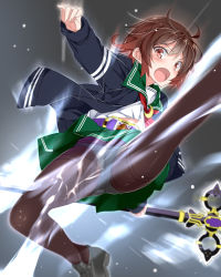 Rule 34 | 10s, 1girl, belt, black pantyhose, blush, bow, bow panties, brown hair, commentary request, crescent pin, gradient hair, green skirt, highres, holding, holding staff, jacket, kamen rider, kamen rider blade, kamen rider blade (series), kamen rider leangle, kantai collection, long sleeves, mtu (orewamuzituda), multicolored hair, mutsuki (kancolle), name connection, open clothes, open jacket, open mouth, panties, panties under pantyhose, pantyhose, pantyshot, pleated skirt, red hair, remodel (kantai collection), rider belt, school uniform, serafuku, shoes, short hair, skirt, solo, staff, thighband pantyhose, underwear, weapon, white panties