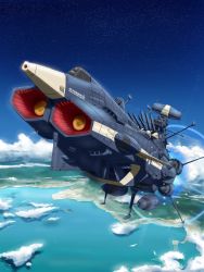Rule 34 | absurdres, andromeda (uchuu senkan yamato), blue sky, creatrail, day, highres, military, military vehicle, no humans, outdoors, sky, space, spacecraft, star (sky), starry sky, turret, uchuu senkan yamato 2202: ai no senshi-tachi, weapon