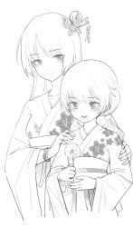 Rule 34 | 2girls, :d, bad id, bad twitter id, blush, bracelet, butterfly hair ornament, chinese commentary, copyright request, flower, flower request, gorgeous mushroom, greyscale, hair ornament, hands on another&#039;s shoulders, height difference, highres, holding, holding flower, japanese clothes, jewelry, kimono, long hair, long sleeves, low twintails, monochrome, multiple girls, obi, open mouth, sash, simple background, smile, twintails, white background, wide sleeves