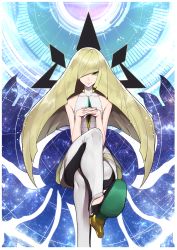 Rule 34 | 1girl, backlighting, bare shoulders, big hair, black footwear, blonde hair, collarbone, commentary request, creatures (company), crossed legs, dress, electricity, emblem, game freak, gem, green eyes, green gemstone, high heels, highres, hitoto, invisible chair, leggings, long hair, looking at viewer, lusamine (pokemon), nintendo, own hands clasped, own hands together, parted lips, pokemon, pokemon sm, see-through, shoe soles, shoes, sitting, sleeveless, sleeveless dress, smile, solo, space, tsurime, very long hair, white dress