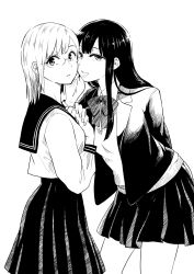 Rule 34 | 2girls, arm behind back, collared shirt, commentary request, cowboy shot, from side, glasses, greyscale, hands on own chest, highres, jacket, leaning forward, long hair, long sleeves, looking at viewer, monochrome, multiple girls, neck ribbon, nikaidou kou, original, parted lips, pleated skirt, ribbon, sailor collar, school uniform, serafuku, shirt, simple background, skirt, standing, talking, whispering, white background