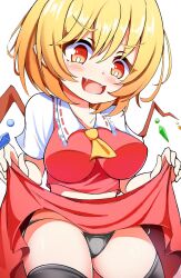Rule 34 | 1girl, :d, ascot, black panties, black thighhighs, blonde hair, breasts, bright pupils, clothes lift, commentary, cowboy shot, crystal, fangs, flandre scarlet, gyuta, highres, large breasts, lifted by self, open mouth, panties, red eyes, red shirt, red skirt, shirt, short hair, short sleeves, simple background, skirt, skirt lift, smile, solo, thighhighs, touhou, underwear, white background, white pupils, wings, yellow ascot