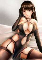 Rule 34 | 1girl, breasts, brown eyes, brown hair, brown thighhighs, cleavage, clothing cutout, dead or alive, elbow gloves, garter straps, gloves, large breasts, lei fang, long hair, looking at viewer, nannacy7, navel, navel cutout, pelvic curtain, smile, solo, tecmo, thighhighs