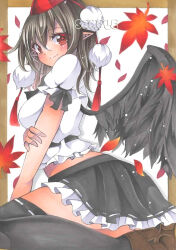 Rule 34 | 1girl, autumn leaves, black ribbon, black skirt, black thighhighs, black wings, breasts, brown footwear, brown hair, closed mouth, feathered wings, frilled skirt, frills, from side, hair between eyes, hand on own arm, hat, high heels, highres, large breasts, leaf, leaf background, light smile, looking at viewer, maccha xxxxxx, marker (medium), medium hair, pointy ears, pom pom (clothes), puffy short sleeves, puffy sleeves, red eyes, red tassel, ribbon, ribbon-trimmed shirt, ribbon-trimmed skirt, ribbon trim, sample watermark, shameimaru aya, shirt, short sleeves, simple background, skirt, sleeve ribbon, solo, tassel, thighhighs, tokin hat, touhou, traditional media, watermark, white ribbon, white shirt, wings, zettai ryouiki