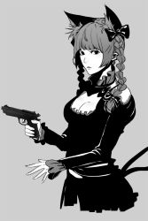 Rule 34 | 1girl, animal ears, beretta 92, bow, braid, breasts, cat ears, cat tail, cleavage, cleavage cutout, clothing cutout, commentary request, cowboy shot, dress, extra ears, frilled dress, frilled sleeves, frills, greyscale, gun, hair bow, handgun, holding, holding gun, holding weapon, juliet sleeves, kaenbyou rin, long hair, long sleeves, looking at viewer, medium breasts, minami koyogi, monochrome, multiple tails, parted lips, pointy ears, puffy sleeves, simple background, solo, tail, touhou, twin braids, two tails, weapon