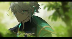 Rule 34 | 1boy, alhaitham (genshin impact), aqua eyes, blurry, blurry foreground, c3t gg, cape, closed mouth, day, genshin impact, grey hair, hair between eyes, highres, leaf, letterboxed, looking at viewer, male focus, outdoors, solo, upper body