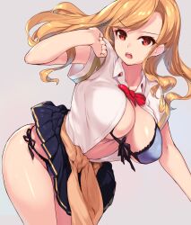 Rule 34 | 1girl, absurdres, arm up, bikini, bikini under clothes, blonde hair, blue bikini, bow, bowtie, breasts, clenched hand, front-tie bikini top, front-tie top, highres, kirikawa ikumu, large breasts, leaning forward, long hair, open mouth, orange eyes, original, pleated skirt, red bow, red bowtie, school uniform, side-tie bikini bottom, simple background, skirt, solo, swimsuit, unbuttoned, unbuttoned shirt