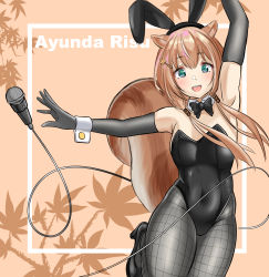 Rule 34 | 1girl, animal ears, ayunda risu, black gloves, breasts, brown hair, commentary, english commentary, gloves, green eyes, highres, hololive, hololive indonesia, leotard, looking down, microphone, pantyhose, playboy bunny, rabbit ears, red chan, small breasts, solo, squirrel ears, virtual youtuber