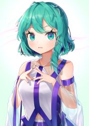 Rule 34 | 1girl, alternate hair length, alternate hairstyle, aqua background, arms up, blue skirt, blush, commentary request, dated, detached sleeves, frog hair ornament, gradient background, green eyes, green hair, green nails, grimace, gunjou row, hair ornament, highres, kochiya sanae, looking at viewer, nail polish, parted lips, see-through, see-through sleeves, short hair, short hair with long locks, signature, single sidelock, skirt, snake hair ornament, solo, standing, steepled fingers, sweatdrop, touhou, transparent headwear, twitter username, upper body, vest, white vest