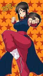 Rule 34 | 1girl, black eyes, breasts, brown hair, chi-chi (dragon ball), chinese clothes, dragon ball, dragonball z, fighting stance, highres, large breasts, ponytail, sidelocks, spacezin, standing, standing on one leg, star (symbol), starry background, wristband