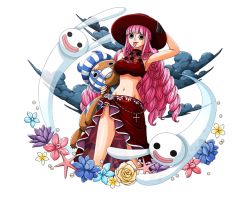 Rule 34 | 1girl, arm up, armpits, bikini, black eyes, blue flower, bodskih, breasts, cleavage, cloud, drill hair, flower, groin, hand on headwear, holding, large breasts, long hair, navel, one piece, one piece treasure cruise, perona, pink flower, pink hair, purple flower, red bikini, sarong, shiny skin, solo, standing, swimsuit, tongue, tongue out, transparent background, very long hair, yellow flower
