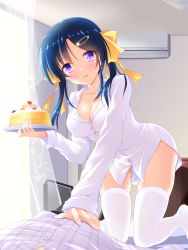 Rule 34 | 1boy, 1girl, all fours, bashen chenyue, blue hair, blush, bow, breasts, cake, cleavage, collarbone, collared shirt, commentary request, dress shirt, food, hair bow, hair ornament, hairclip, heart, highres, holding, holding plate, indoors, medium breasts, naked shirt, original, parted bangs, parted lips, plate, purple eyes, safety pin, shirt, smile, solo focus, star (symbol), star hair ornament, thighhighs, white shirt, white thighhighs, yellow bow