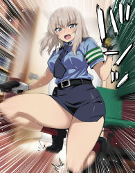 1girl armband blue_eyes blue_necktie blue_shirt blue_skirt commentary_request cosplay girls_und_panzer gloves green_armband grey_hair gun handgun highres itsumi_erika japan_national_police looking_at_viewer miniskirt nakahira_guy necktie new_nambu_m60 pencil_skirt police police_badge police_uniform policewoman revolver shirt side_slit skirt solo sound_effects squatting textless_version thighs weapon white_gloves