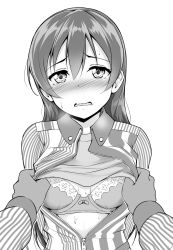 Rule 34 | 1girl, arms behind back, assisted exposure, blush, bra, breasts, cleavage, commentary request, employee uniform, greyscale, hair between eyes, highres, lawson, long hair, looking at viewer, love live!, monochrome, open clothes, open mouth, open shirt, pov, shirt, simple background, sonoda umi, striped clothes, striped shirt, underwear, uniform, vertical-striped clothes, vertical-striped shirt, white background, yopparai oni