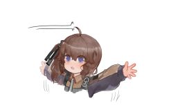 Rule 34 | 1girl, ahoge, bad id, bad pixiv id, beam, blush, brown hair, character request, commentary request, cropped torso, dokomon, girls&#039; frontline, grey shirt, hair between eyes, hair ornament, jacket, korean commentary, long hair, long sleeves, one side up, open mouth, outstretched arms, puffy long sleeves, puffy sleeves, purple jacket, shirt, sidelocks, simple background, solo, spread arms, upper body, v-shaped eyebrows, white background