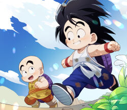 2boys :d aged_down aonagi_minami artist_name bald black_eyes black_footwear black_hair blue_pants blue_sky blush child clenched_hands cloud commentary_request day dirty dirty_clothes dougi dragon_ball dragon_ball_(classic) facial_mark forehead_mark grin highres kuririn lens_flare light_particles looking_at_another male_focus mountain multiple_boys open_mouth orange_pants orange_sash outdoors outstretched_arms pants plant rock running sash shirt shoes short_hair sky sleeveless sleeveless_shirt smile son_goku spiked_hair spread_arms teeth turtle_shell twitter_username upper_teeth_only white_sash white_shirt yellow_footwear